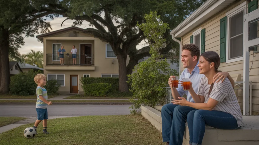 Couple sitting on house steps watching son play soccer, with apartment building visible across street in Lakeland neighborhood at sunset