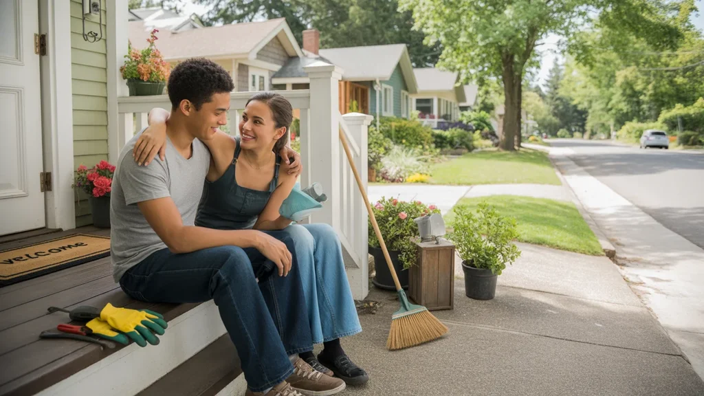 Couple sitting on front steps of Craftsman home in Tigard, OR