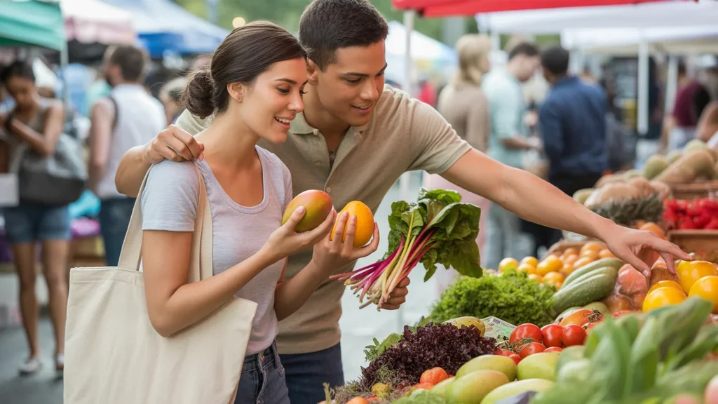 A couple comparing fresh produce at an Orlando farmers market