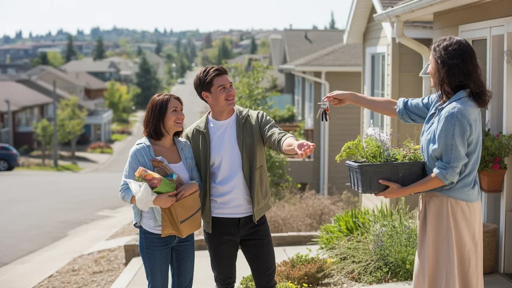A couple chats with a neighbor in a Beaverton neighborhood with mixed houses and apartments