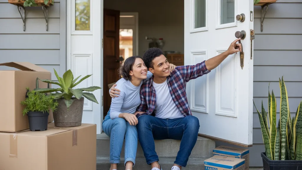 A couple sits on the front steps of their new home in Louisville, KY, surrounded by moving boxes and potted plants.