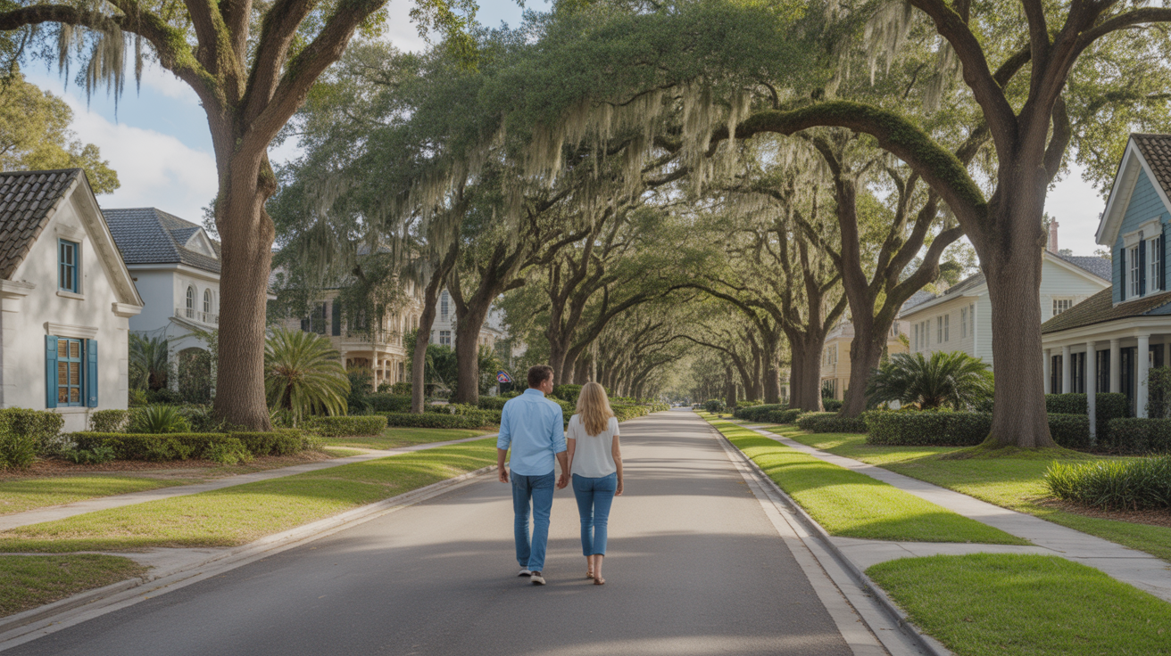 Couple walking through an upscale neighborhood in Winter Park, Florida