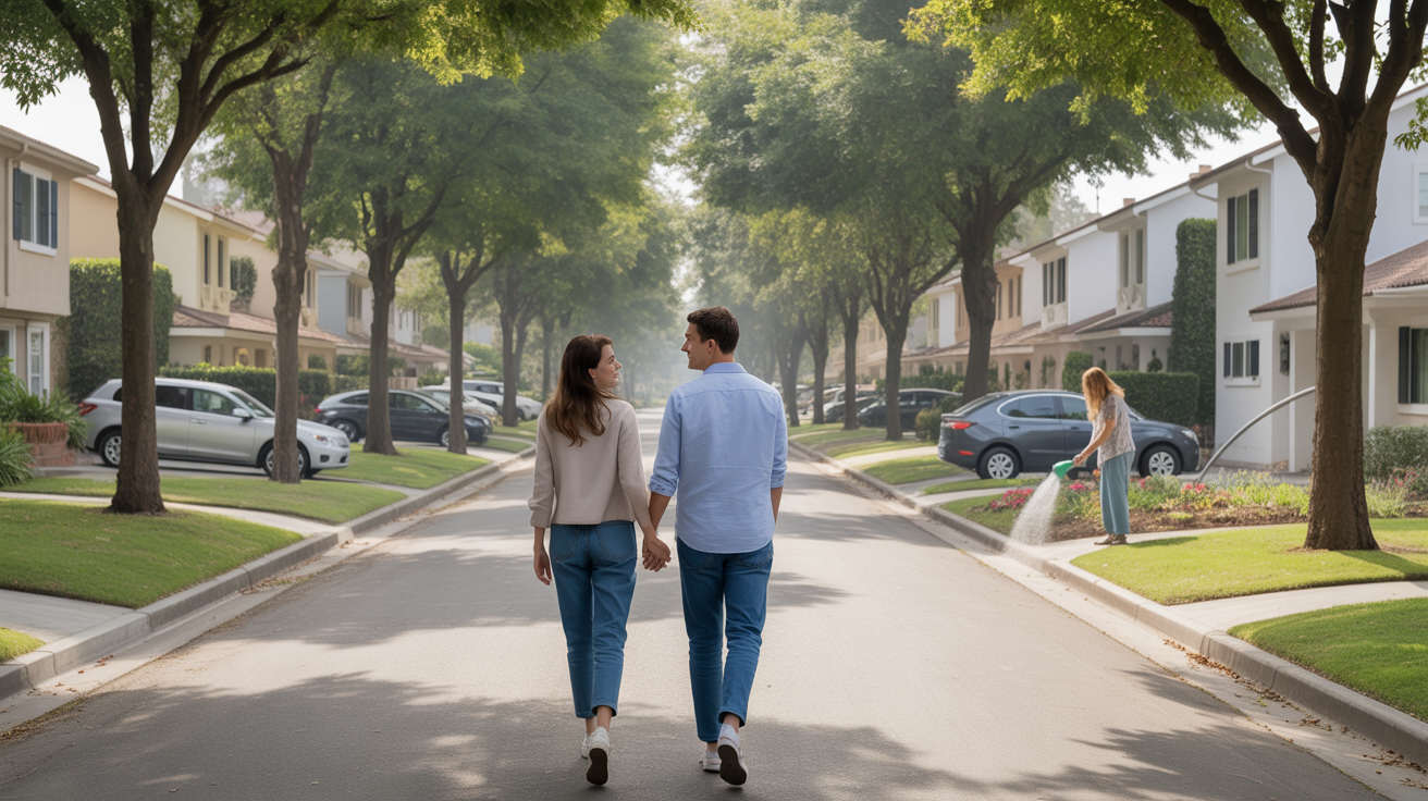 A couple walks past a row of tidy homes on a quiet street in Mission Viejo, CA.