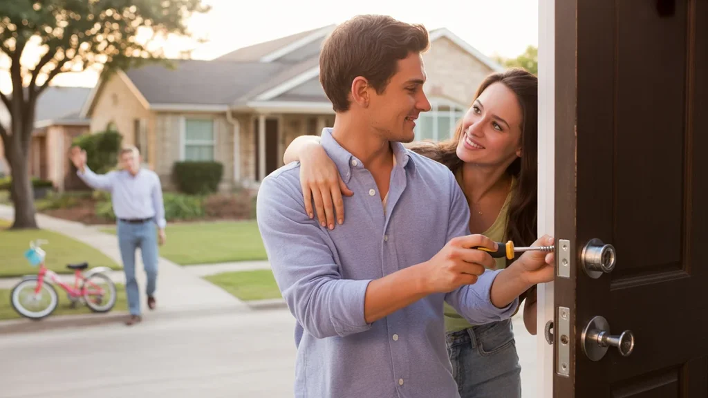 A couple stands in the doorway of their suburban home in Irving, TX, as the man fixes a loose door handle.
