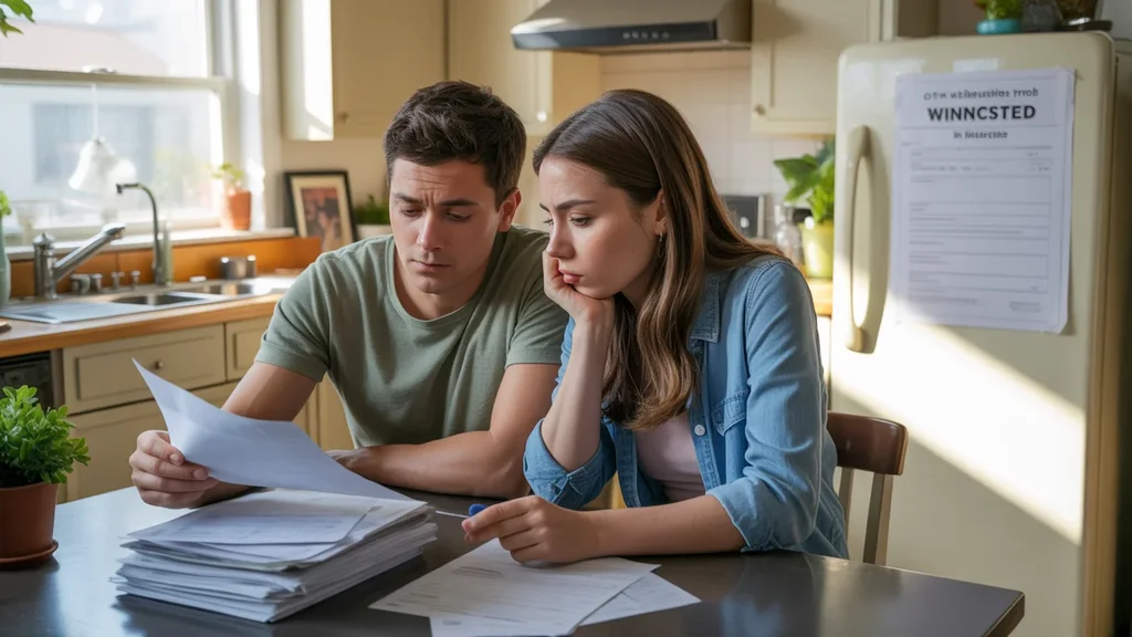 Couple reviewing utility bills and charge notices in Winchester home kitchen