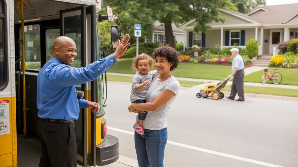 A friendly bus driver waves at a young mother and child passenger waiting at a residential bus stop in Concord, NC