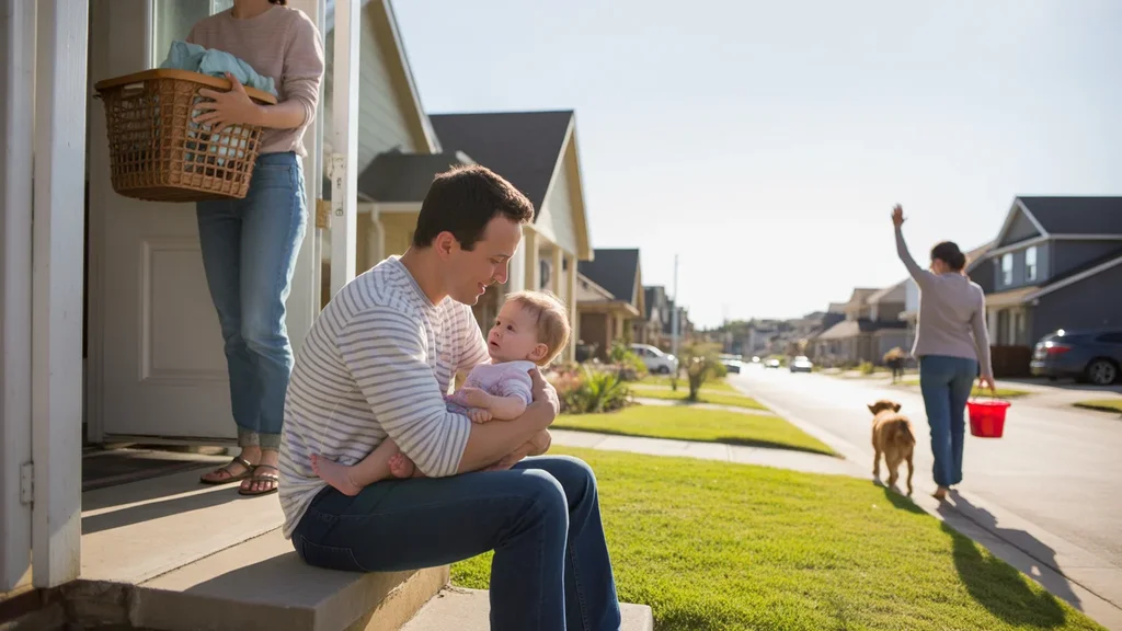 Father holding baby daughter on front steps of Pflugerville home