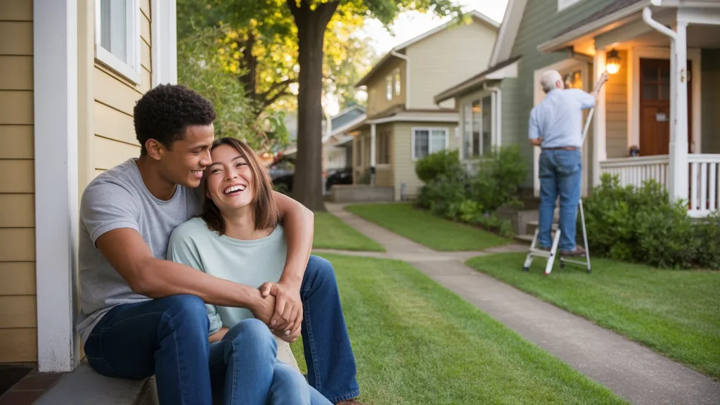 A couple relaxing on their front porch in a Hillsboro neighborhood at sunset.
