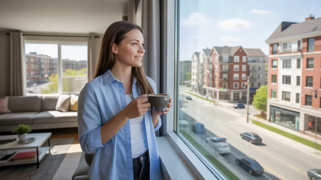 A woman enjoys coffee by the window of her Bolingbrook apartment