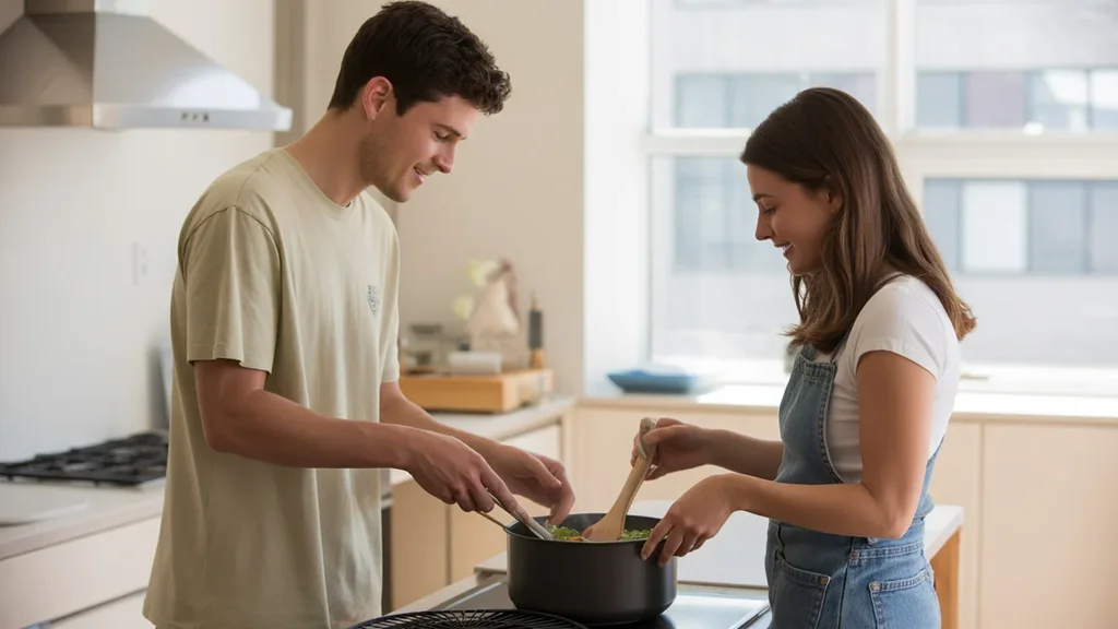 Couple cooking together in modern, minimalist Middletown apartment