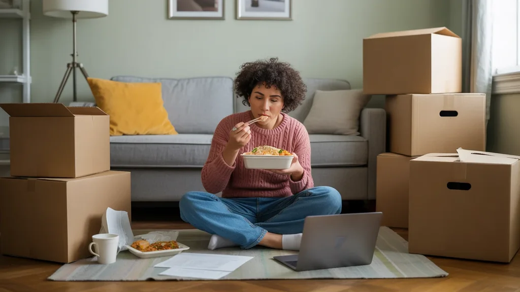 Person eating takeout on Lexington apartment floor while apartment hunting on laptop