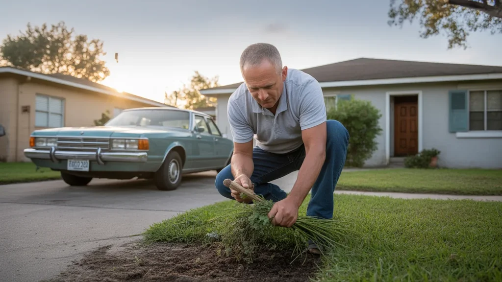 Man pulling weeds in front yard of Kissimmee home at sunset
