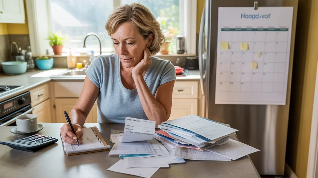 Woman reviewing utility bills and budgeting at kitchen table in Hillsboro home
