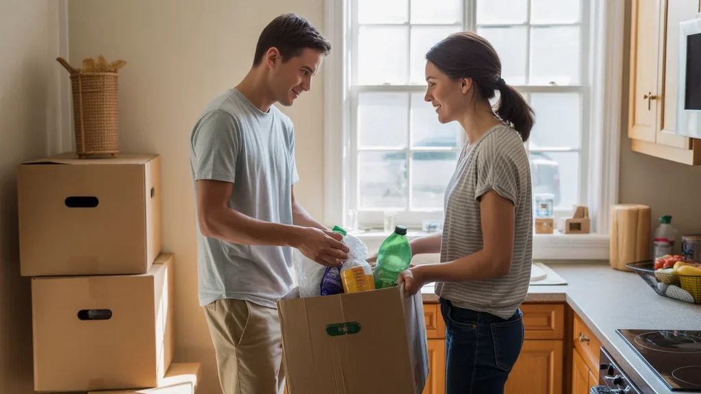 Couple unpacking groceries in new Gresham apartment kitchen