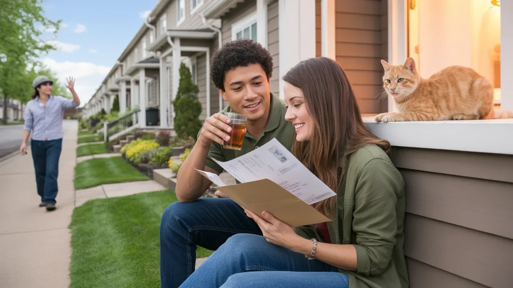 Couple sitting on townhome steps in Hillsboro neighborhood