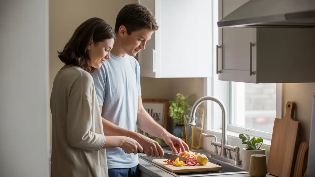Couple cooking together in minimalist Hendersonville apartment kitchen
