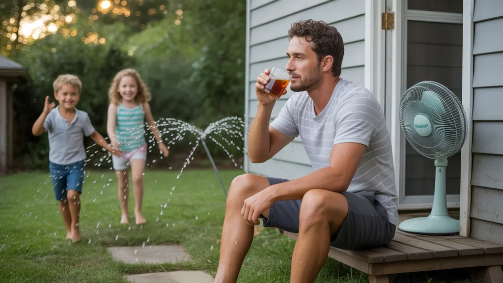 Father takes a break from yardwork to watch his children play in the sprinkler on a hot summer evening in Alpharetta.