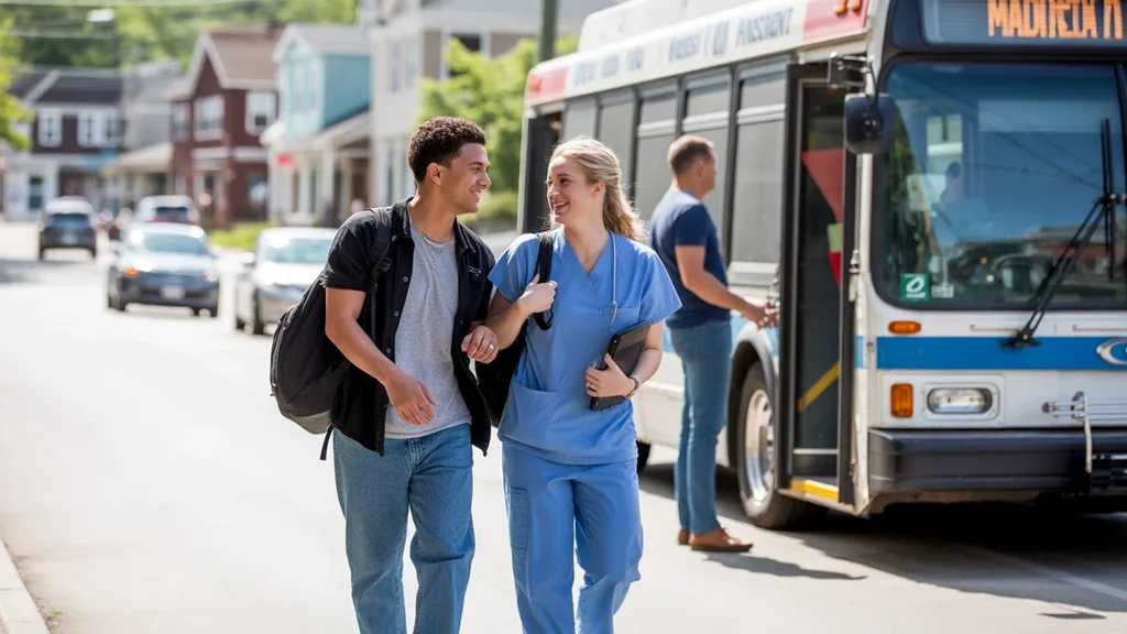 Two friends walking toward a city bus in Madison, TN, laughing together on a sunny day.