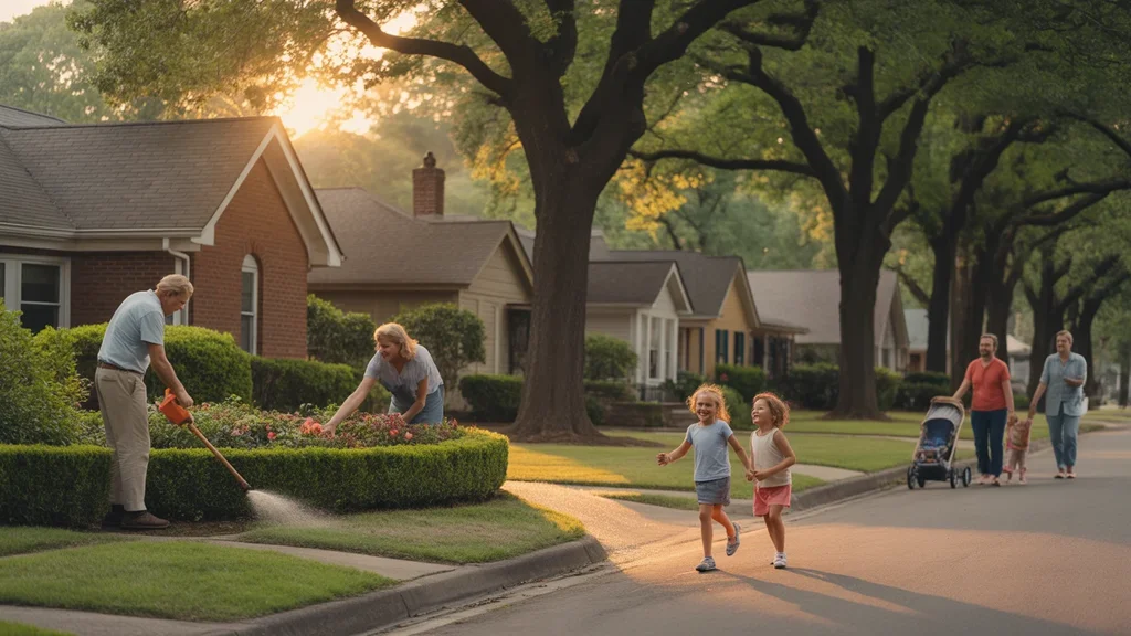 A man trims hedges while his wife waters flowers and their children play in the front yard of their suburban home in Rock Hill, SC on a warm summer evening.