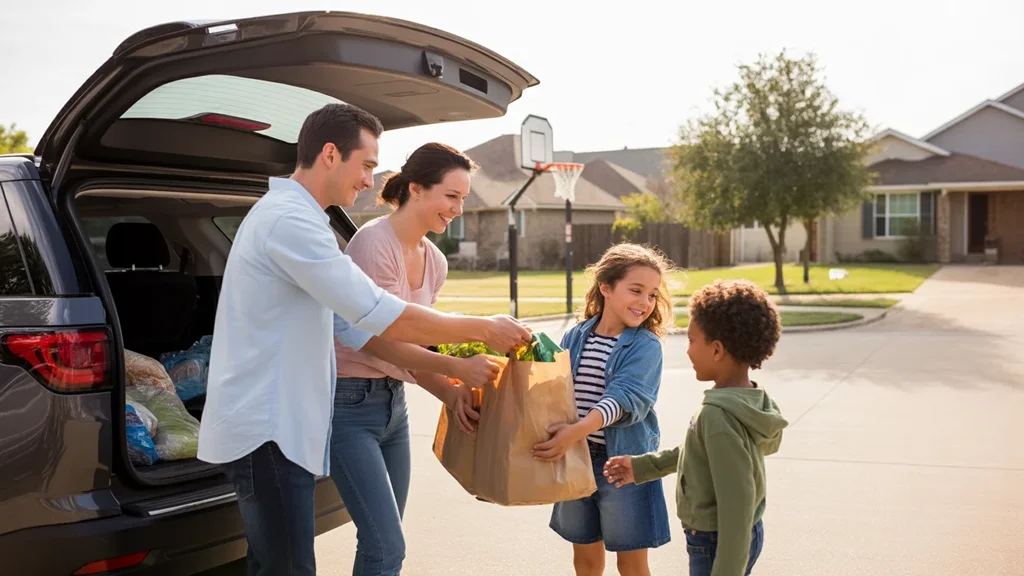 A young family unloads groceries in the driveway of their suburban Grand Prairie, Texas home at sunset.