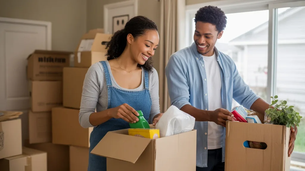 Couple unpacking groceries in new West Jordan home kitchen