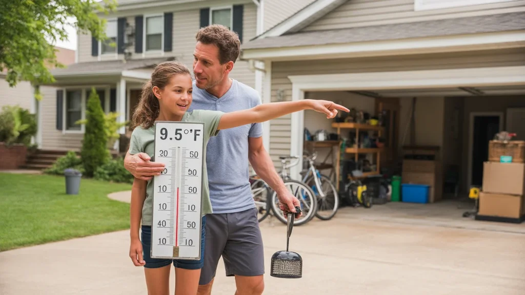 Father and daughter check thermometer on hot summer day outside Franklin home