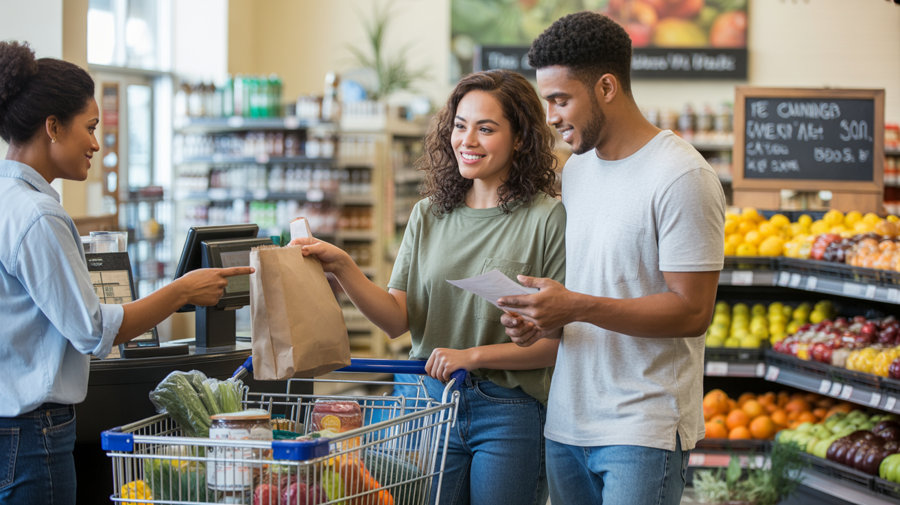 A couple buying groceries at a local market in Winter Park, Florida