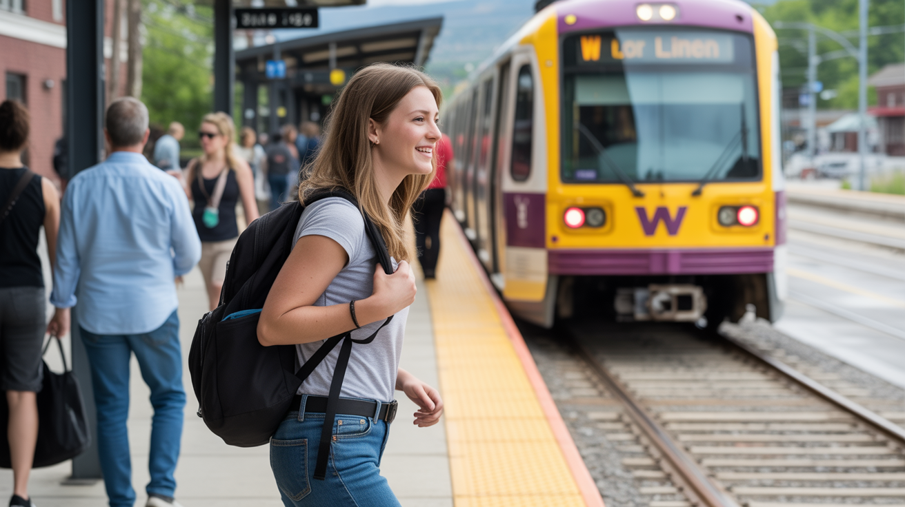 Woman exiting W Line light rail train at station in Golden, Colorado