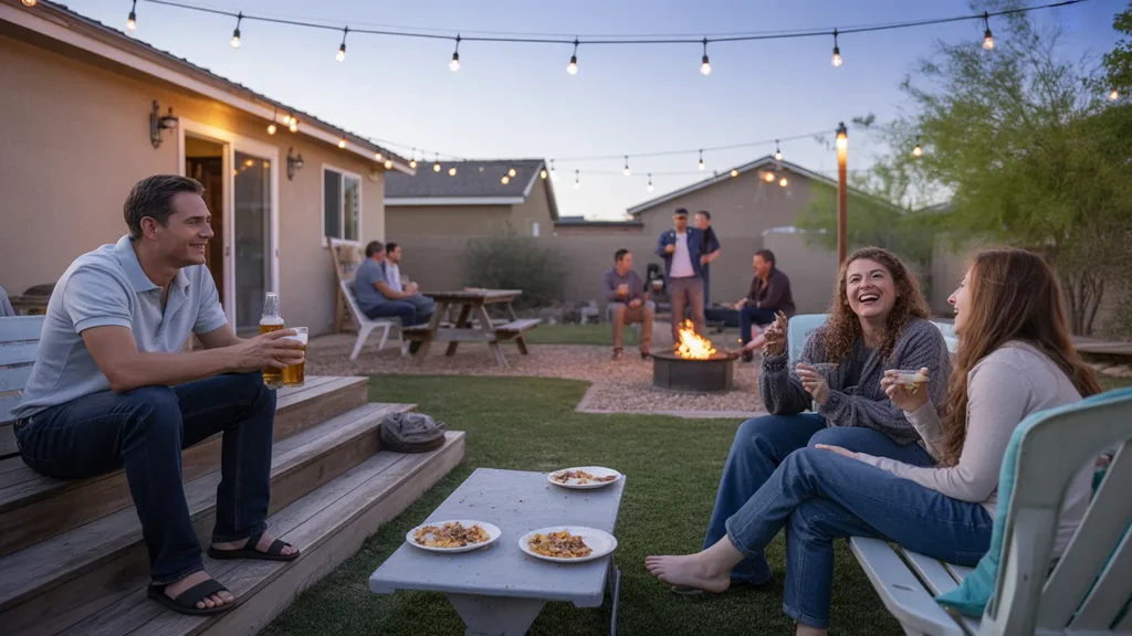 Casual backyard gathering with friends in Henderson suburb at dusk
