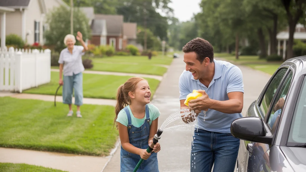 Father and daughter washing car together in driveway of suburban Mt Juliet home