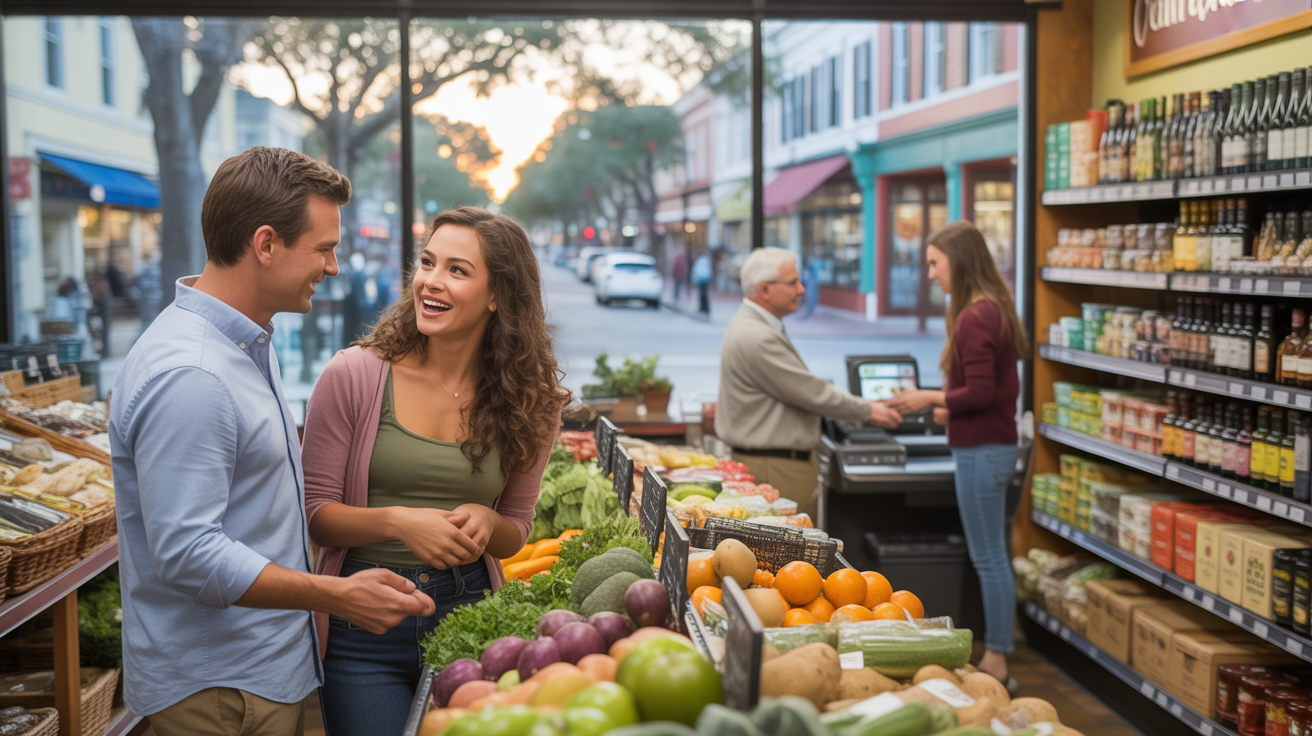 Two friends discuss dinner plans while shopping for produce at a neighborhood grocery store in Winter Park, FL.