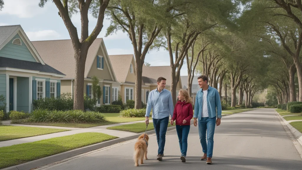 A family walks their dog through a spacious Winter Garden neighborhood on a sunny day