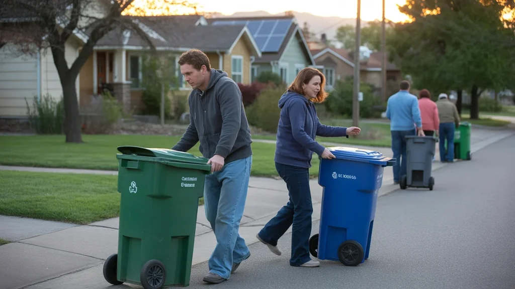 Neighbors in Arvada, Colorado rolling their trash and recycling bins to the curb on a peaceful suburban street at sunrise.