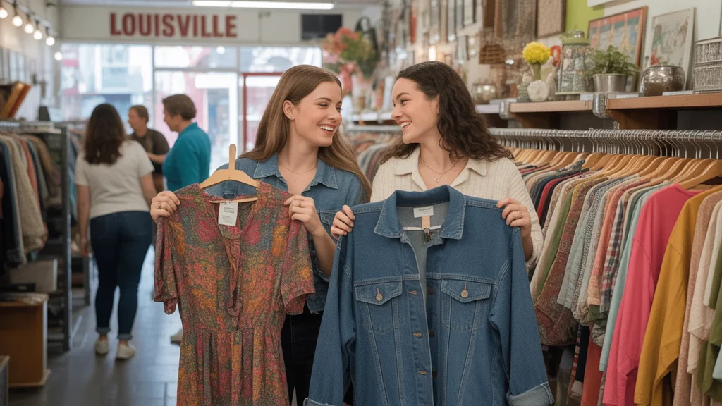 Two friends enjoying a budget-friendly thrift shopping trip together in Louisville, KY
