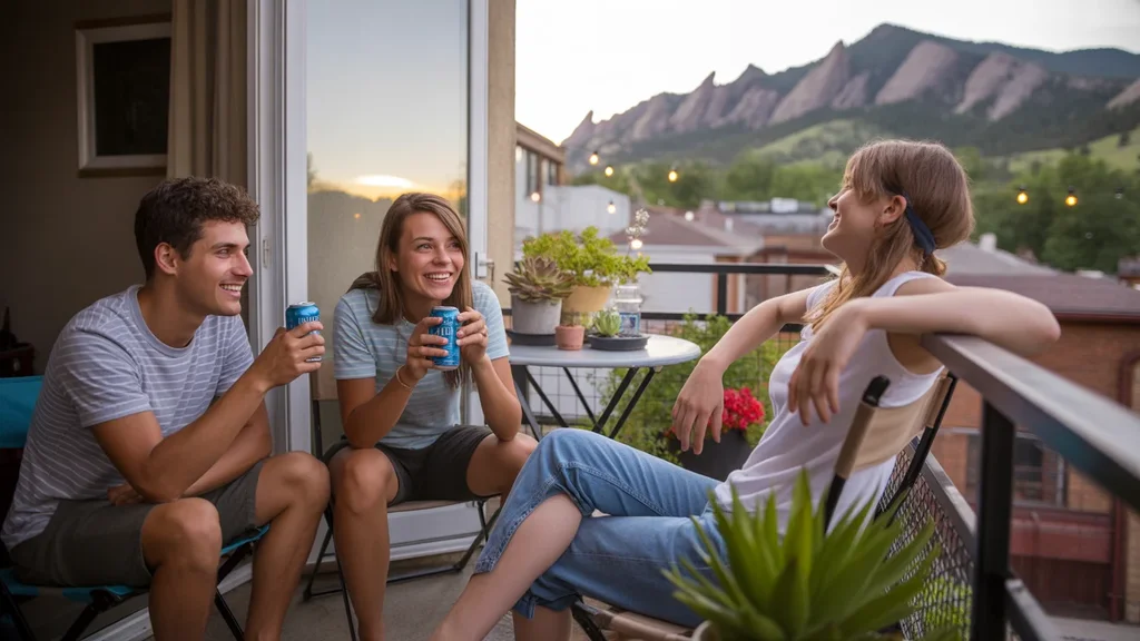 Three young adult roommates hang out on their small apartment balcony in Boulder at sunset.