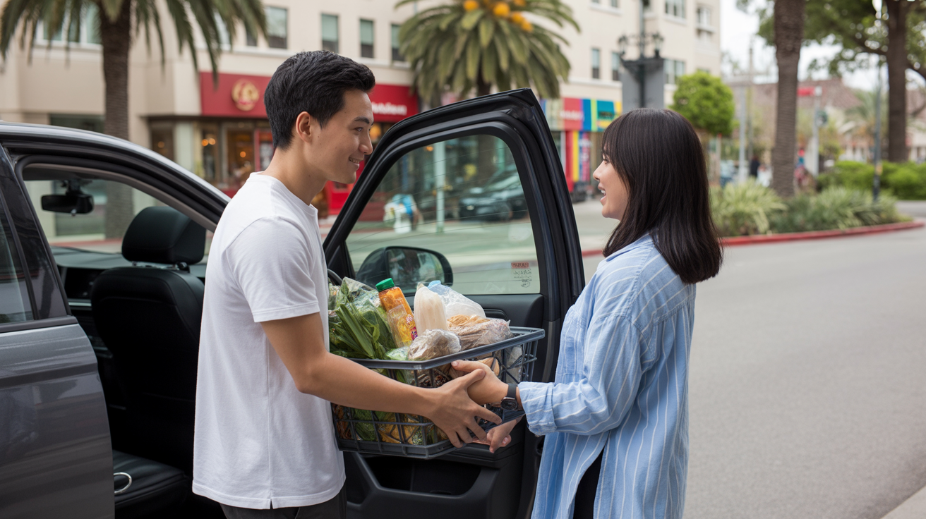 Couple unloading groceries at their apartment in Westminster, CA
