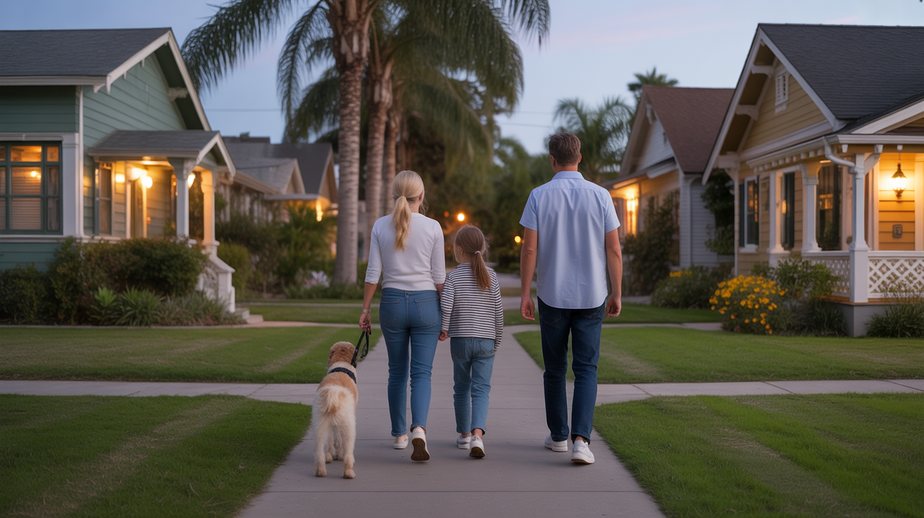 Family walking dog through a quiet Fullerton neighborhood at sunset
