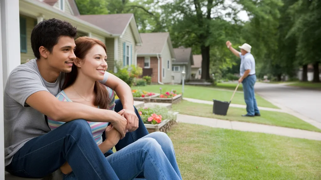 A couple sits on their front steps in Hendersonville, TN, enjoying a peaceful moment in their suburban neighborhood.