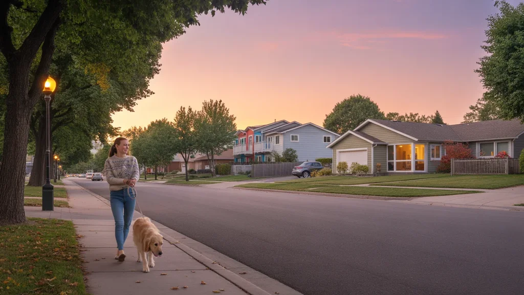 Woman walking dog on sidewalk past townhomes and house in suburban Lakewood Colorado at sunset