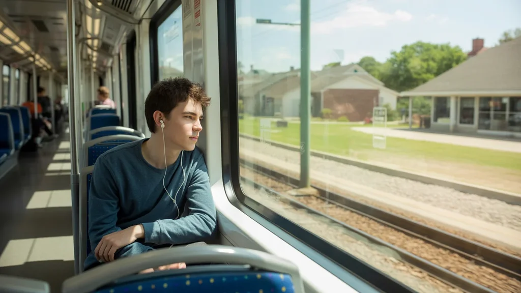 Teenage boy riding DART light rail train alone in Garland, TX while listening to music