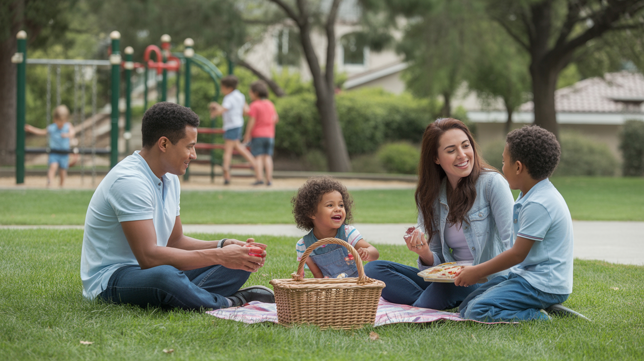 A family enjoys an affordable picnic at a park in Mission Viejo, CA