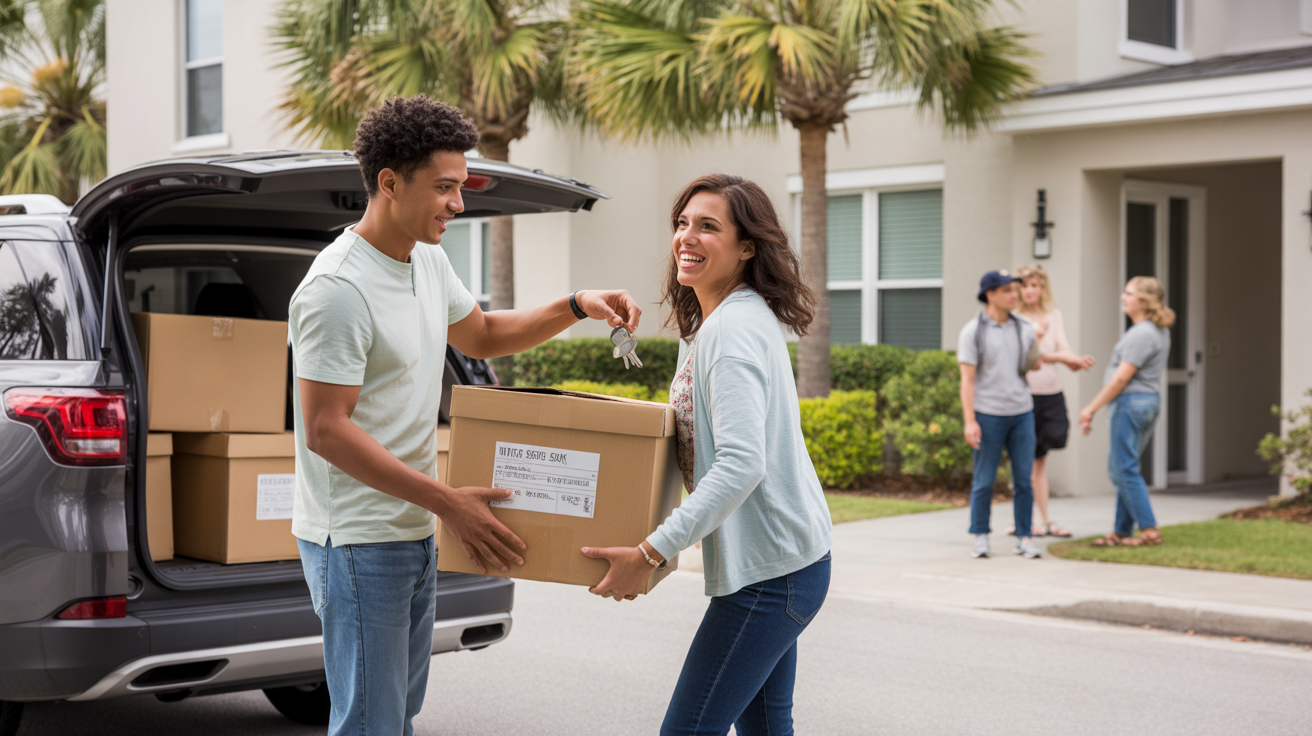 Couple unloading moving boxes from car in front of Davenport FL condo