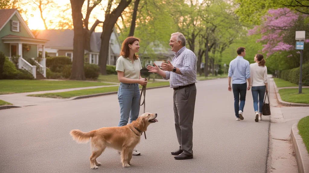 Neighbors chatting at the end of a driveway in a Chapel Hill neighborhood at sunset, with a friendly dog