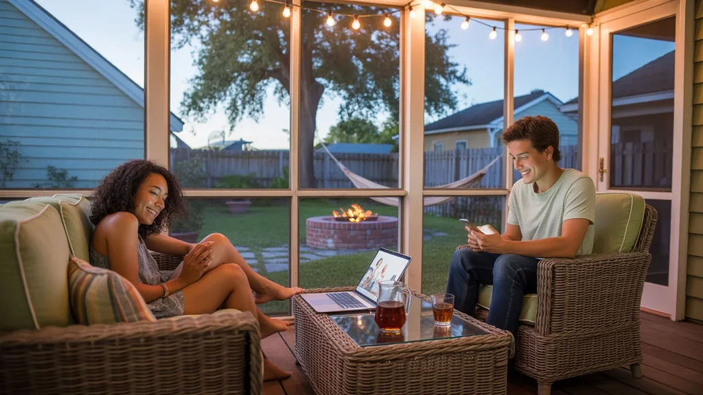 Couple watches streaming movie on laptop while relaxing on screened porch