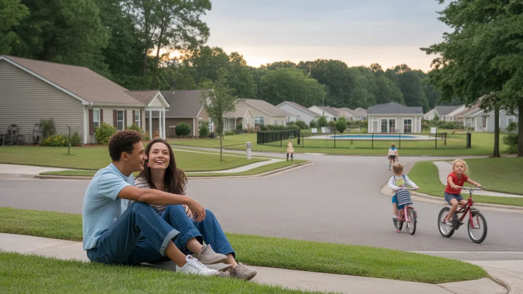 Couple sitting on front steps of suburban home in Monroe, North Carolina