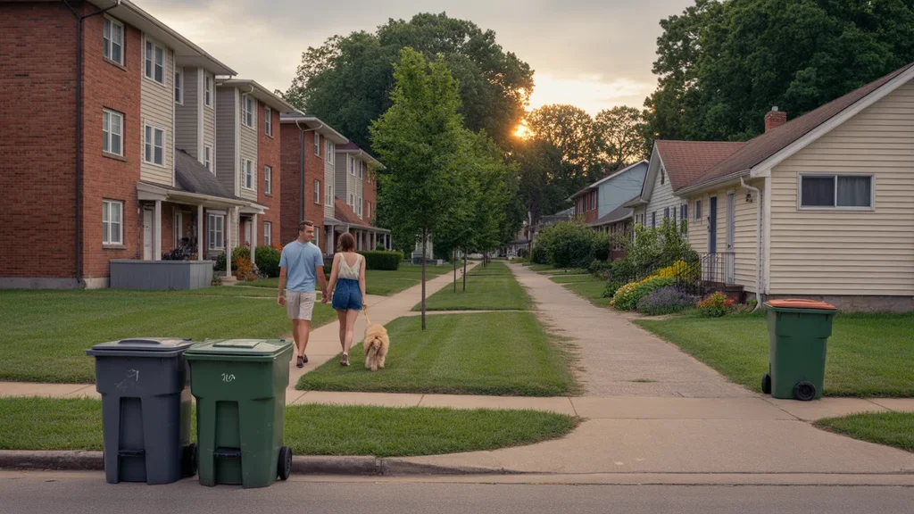Trash bins in front of an apartment complex and single-family home on a quiet suburban street in Richmond, KY at sunset