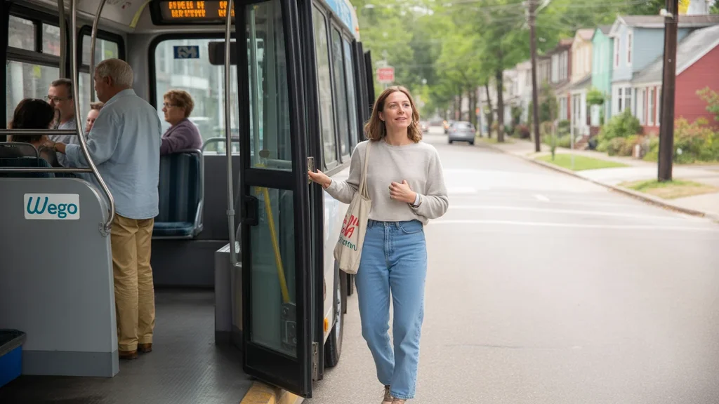 Woman boarding public bus on residential street in Nashville, TN