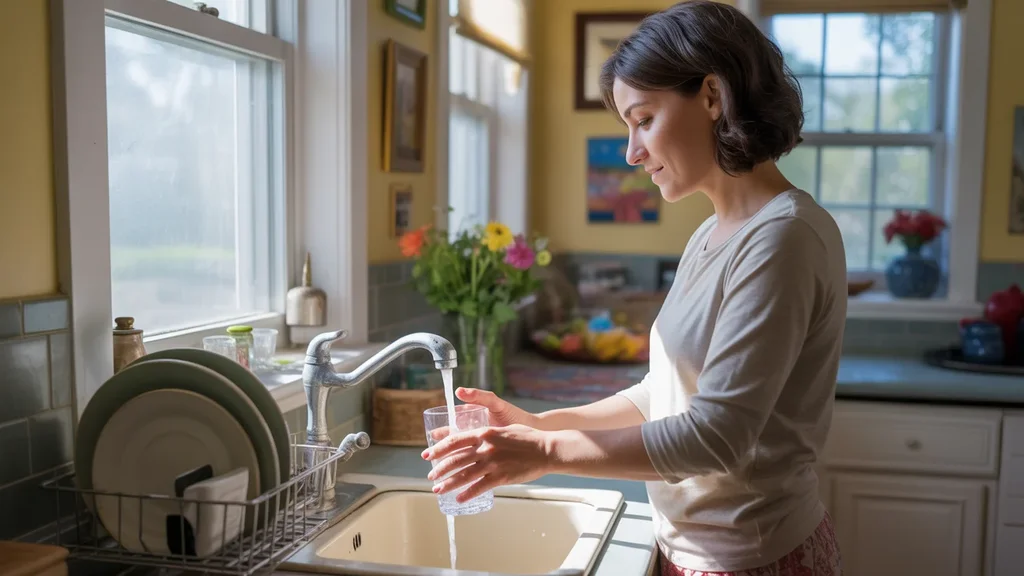Woman pouring glass of water from kitchen faucet in Gastonia, NC home