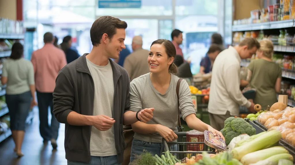 Couple shopping for groceries in local store in Cary, North Carolina