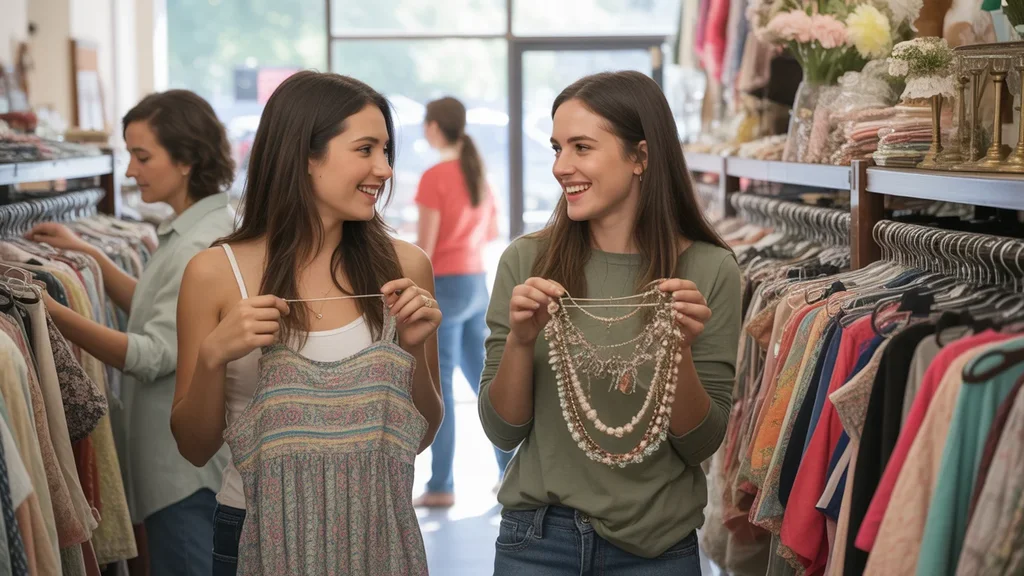 Two young women shopping together at a thrift store in Garland, Texas, looking for affordable fashion finds.